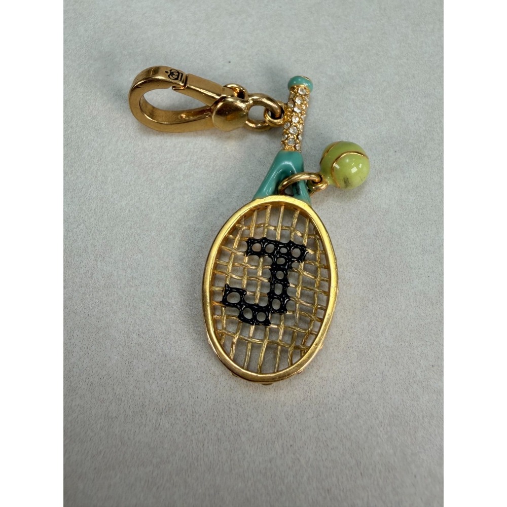 Juicy Couture Tennis Racket Charm Gold Tone Crystal Enamel Letter J Pendant